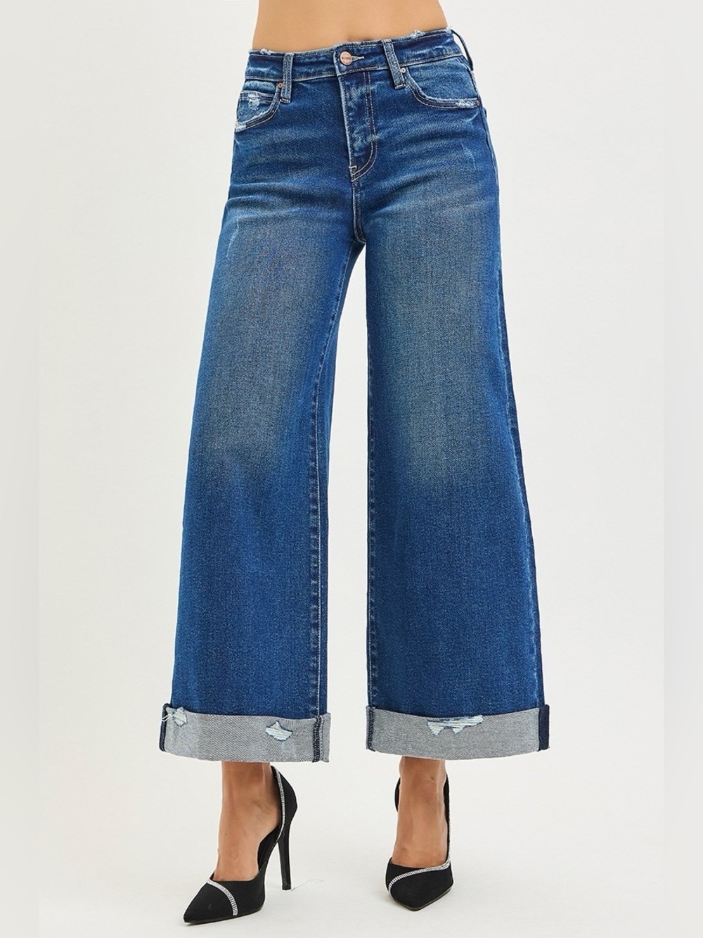 PWC21501 DARK Risen High Rise Crop Wide Distressed Cuff Jeans